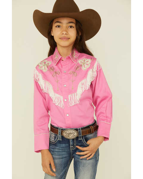 Rockmount Ranchwear Girls' Embroidered Vintage Fringe Western Shirt, Pink, hi-res