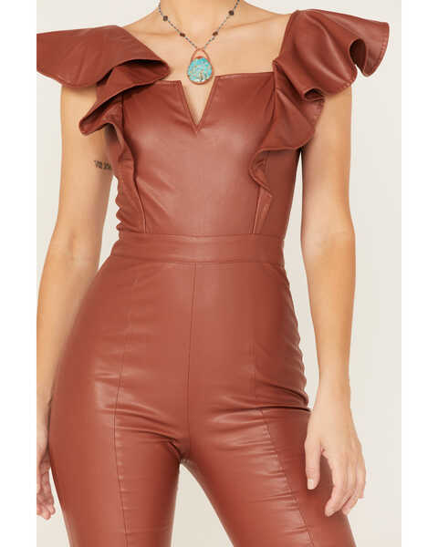 Image #3 - Flying Tomato Women's Faux Leather Flare Jumpsuit, Rust Copper, hi-res