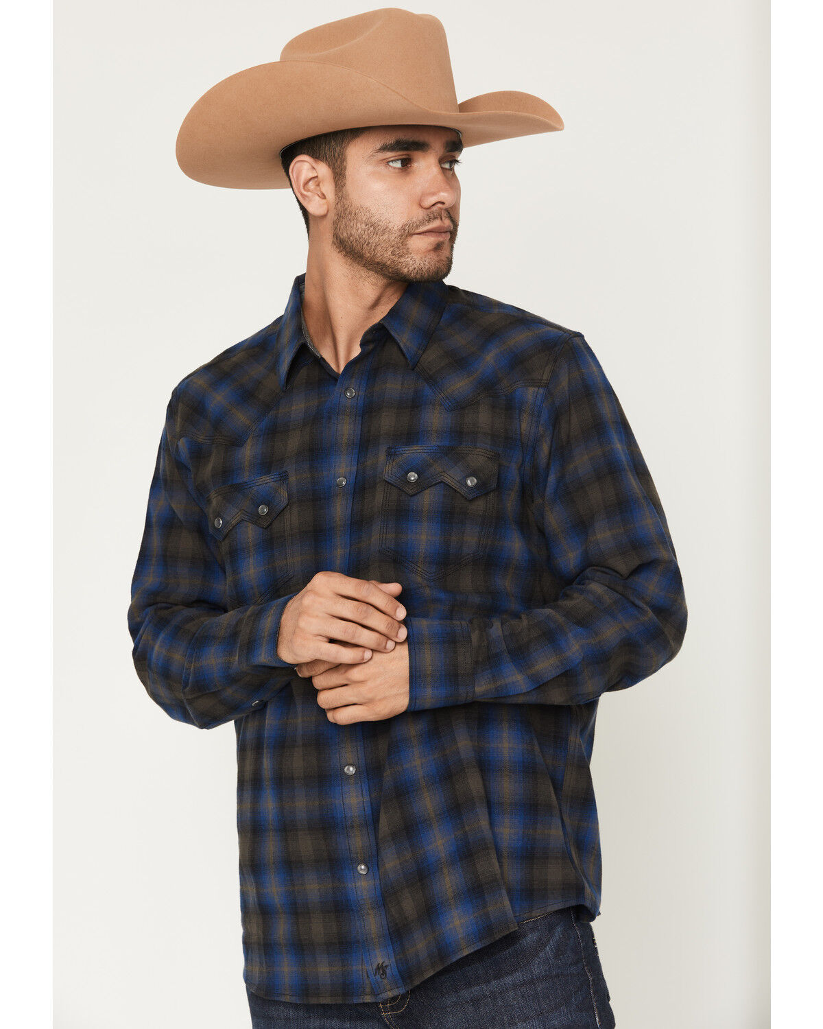 Image #2 - Moonshine Spirit Men's Stage Light Plaid Print Long Sleeve Snap Flannel Shirt, Blue, hi-res