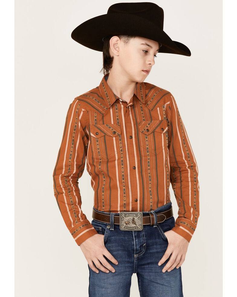 Cody James Boys' Southwestern Stripe Print Long Sleeve Snap Western Shirt, Brown, hi-res