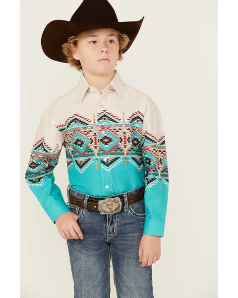 Image #1 - Panhandle Boys' Border Print Long Sleeve Pearl Snap Western Shirt, Tan, hi-res