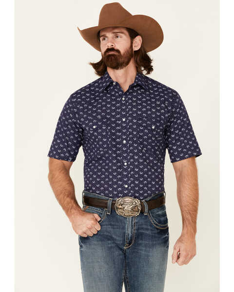 Roper Men's Floral Print Short Sleeve Pearl Snap Western Shirt , Navy, hi-res