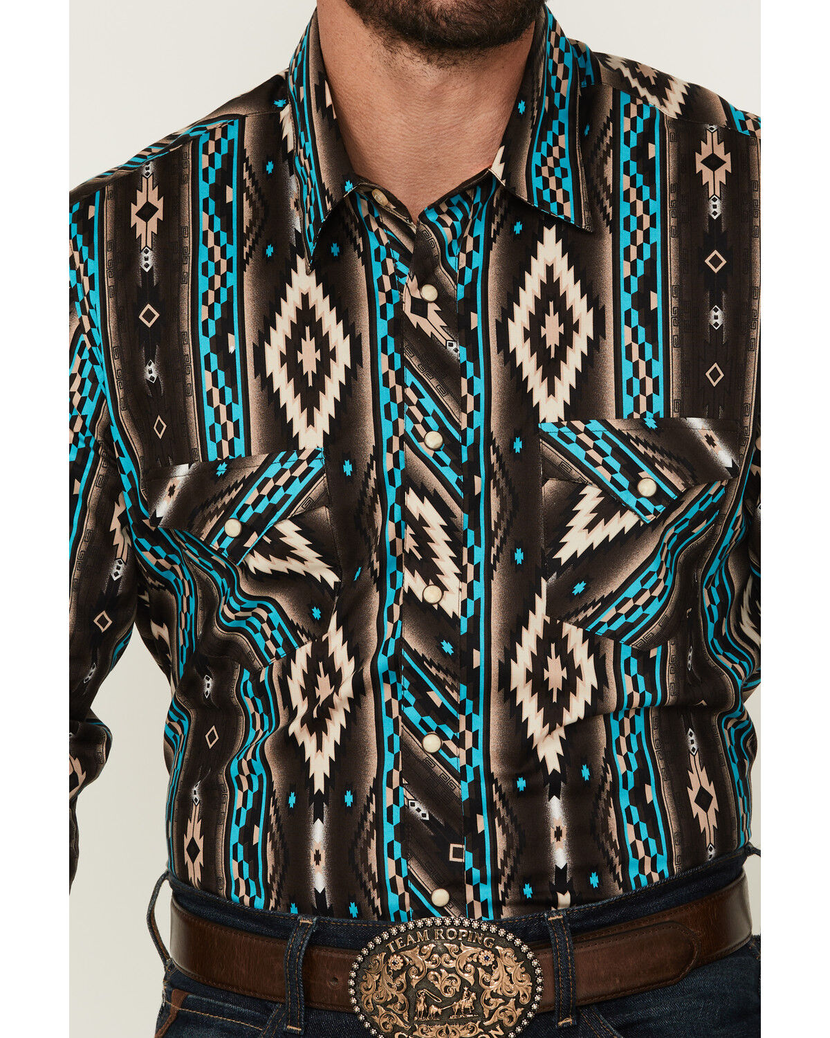 Image #3 - Rock & Roll Denim Men's Southwestern Print Long Sleeve Snap Stretch Western Shirt, Brown, hi-res