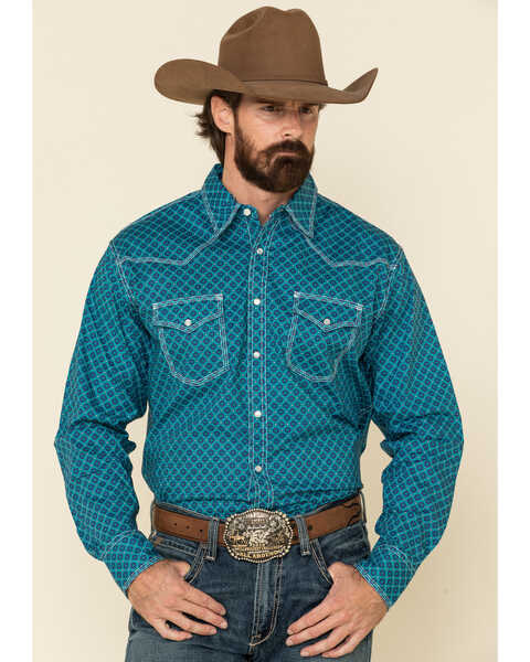 Wrangler 20X Men's Advanced Comfort Geo Print Long Sleeve Western Shirt , Blue, hi-res