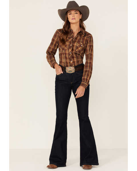 Image #4 - Roper Women's Plaid Print Long Sleeve Pearl Snap Western Shirt, Brown, hi-res