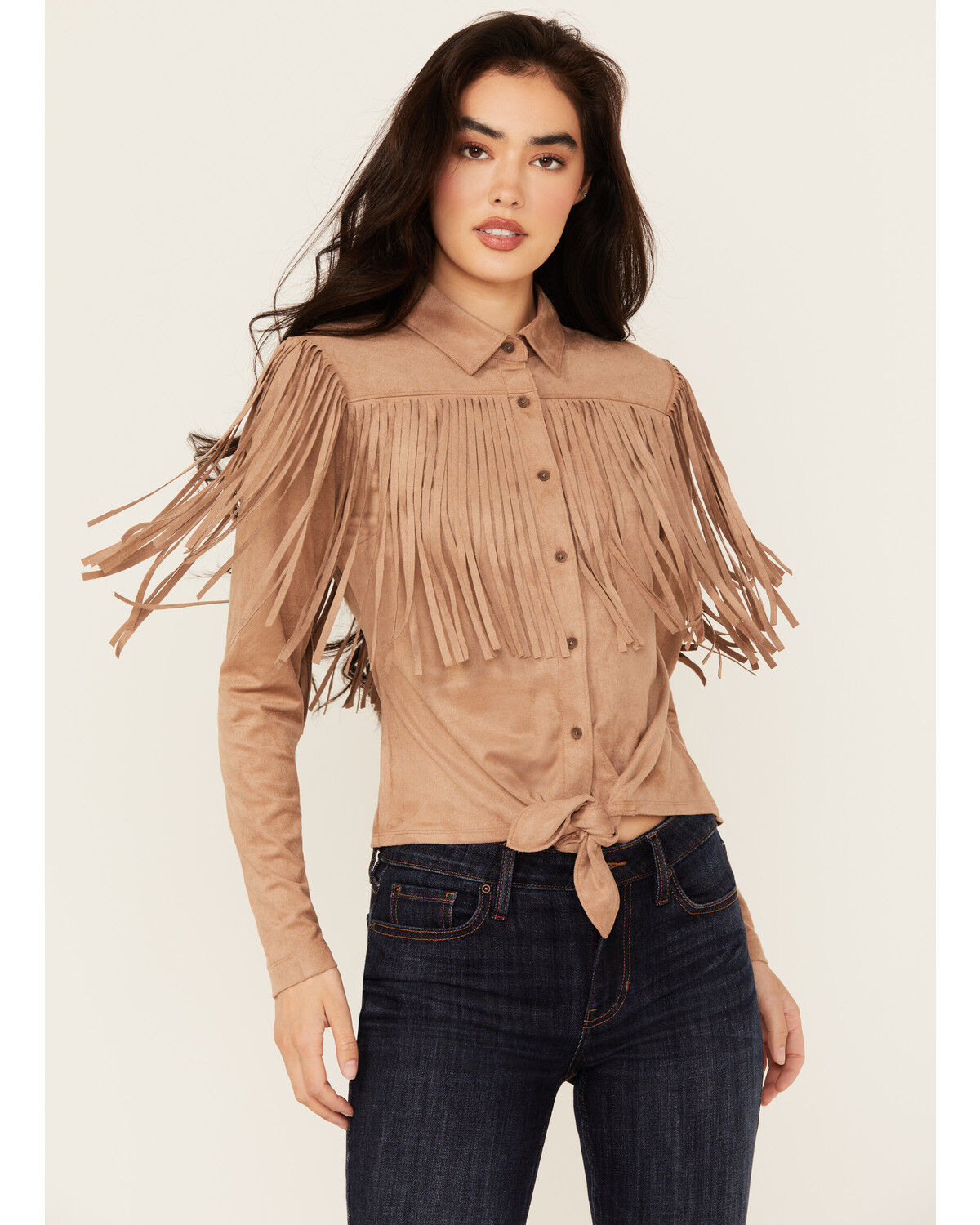 Image #1 - Idyllwind Women's Fate Faux Suede Fringe Long Sleeve Button-Down Tie-Front Shirt, Tan, hi-res