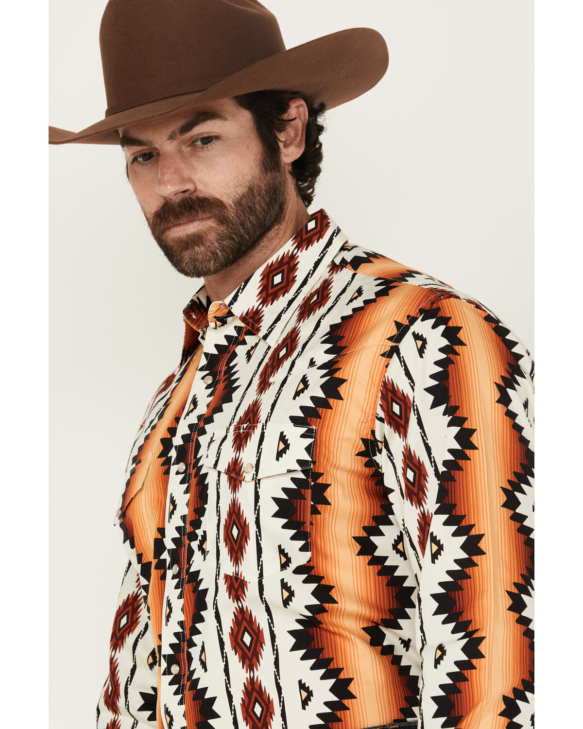 Image #2 - Wrangler Men's Checotah Southwestern Print Long Sleeve Snap Western Shirt, Orange, hi-res