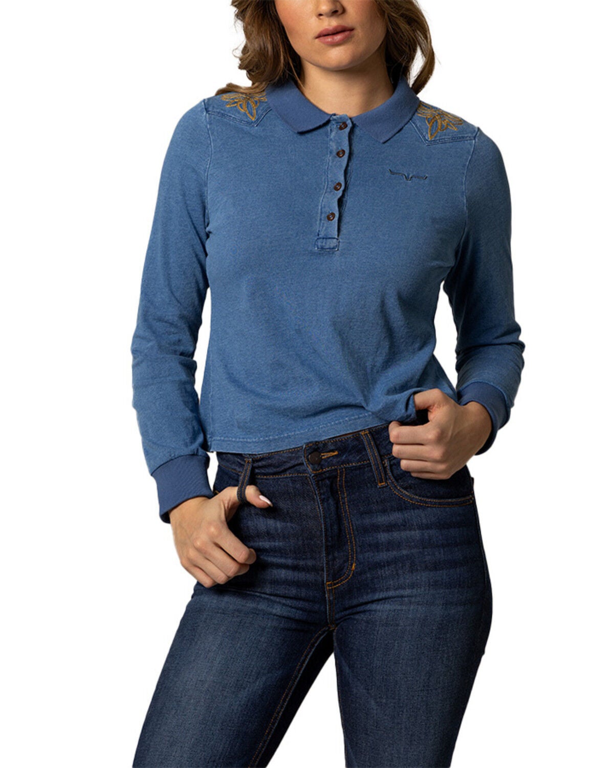 Kimes Ranch Women's Bluebell Embroidered Long Sleeve Polo, Blue, hi-res