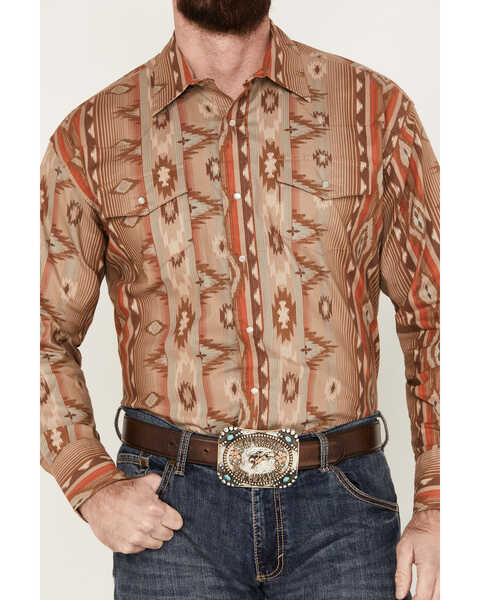 Image #3 - Wrangler Men's Checotah Southwestern Long Sleeve Western Pearl Snap Shirt, Brown, hi-res