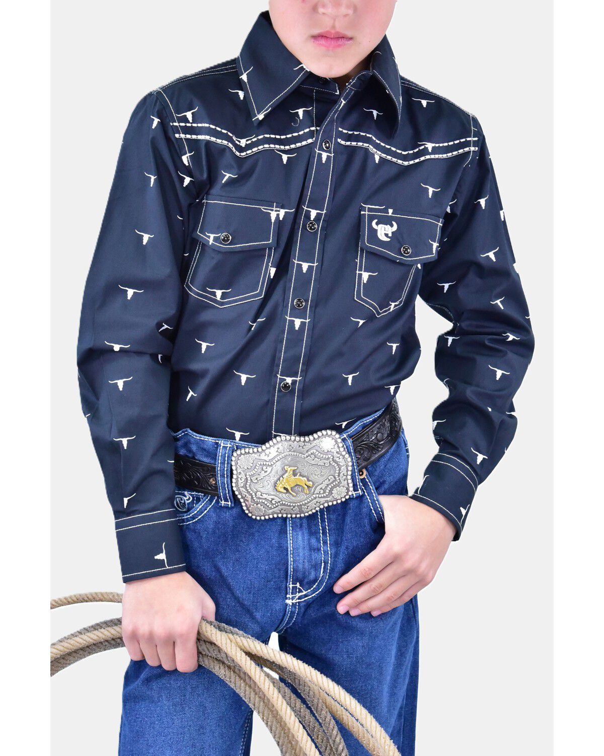 Cowboy Hardware Boys' Scattered Skull Long Sleeve Snap Stretch Western Shirt, Black, hi-res