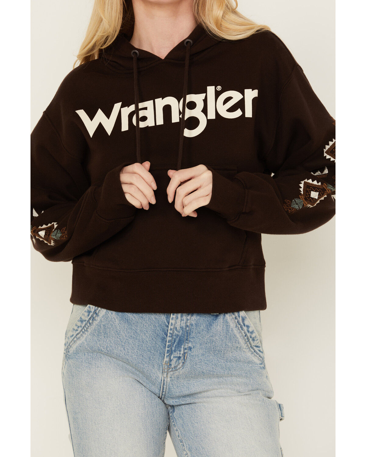 Image #3 - Wrangler Retro Women's Southwestern Sleeve Logo Hoodie, Brown, hi-res