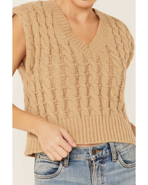 Image #2 - Very J Women's Mocha Cable Knit Cropped Sweater Vest, , hi-res