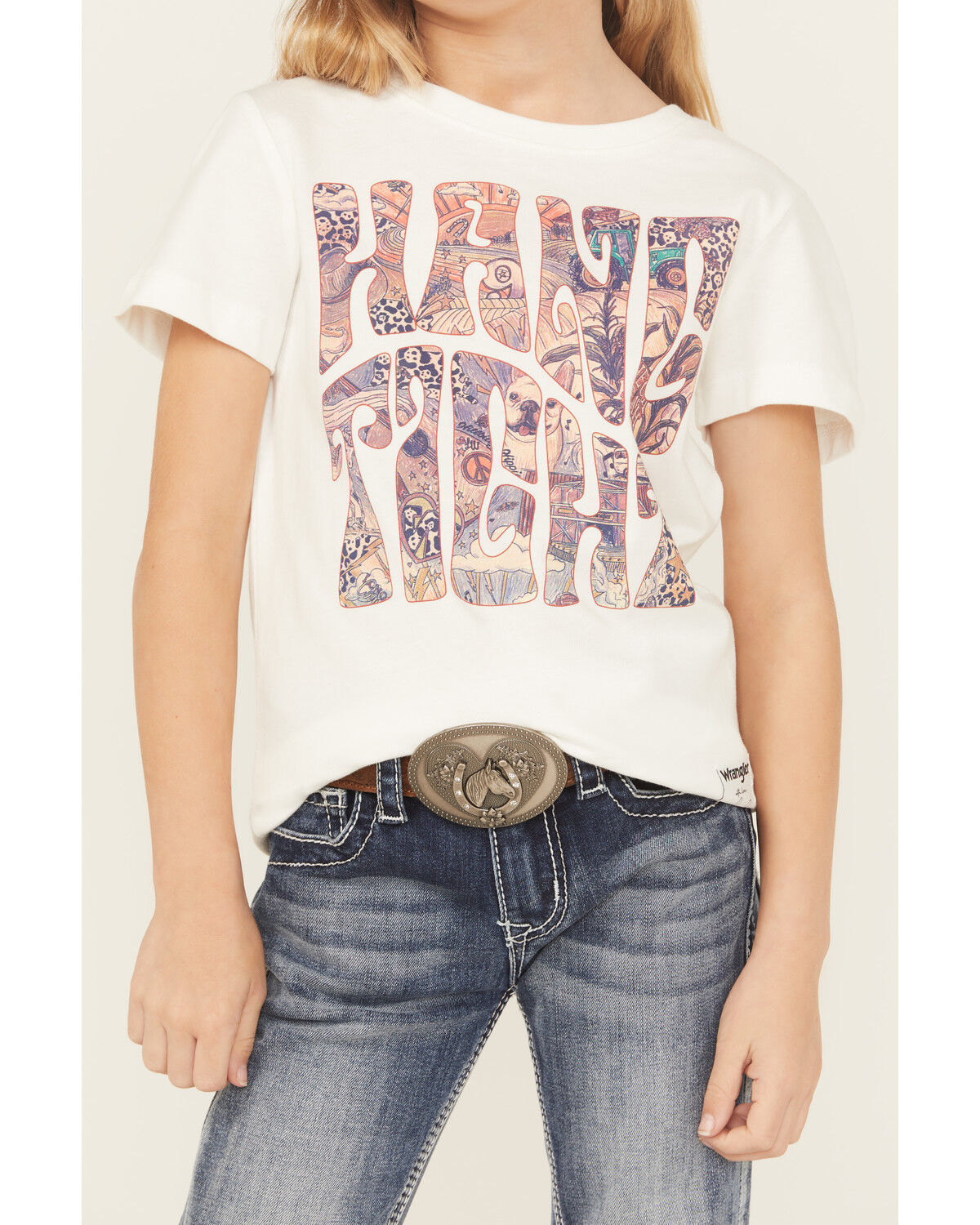 Image #3 - Wrangler X Lainey Wilson Girls' Hang Tight Short Sleeve Graphic Tee, White, hi-res