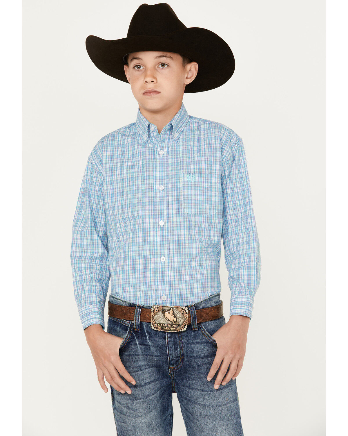 Image #1 - Panhandle Select Boys' Small Plaid Print Long Sleeve Button Down Western Shirt, Turquoise, hi-res