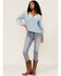 Roper Women's Denim Lace Embroidered Floral Peasant Top, Blue, hi-res