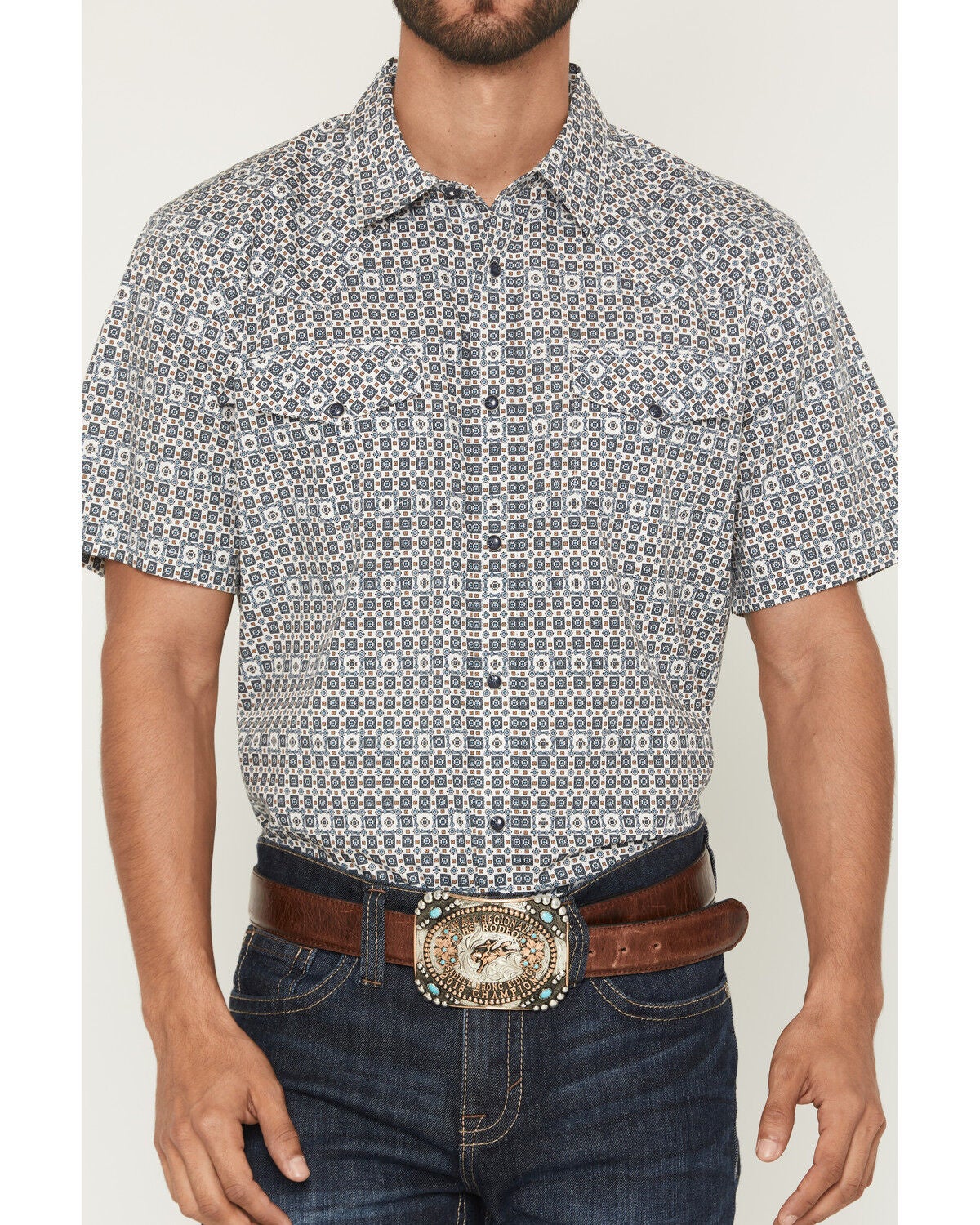 Image #3 - Gibson Trading Co Men's haven Geo Print Short Sleeve Snap Western Shirt, Light Blue, hi-res