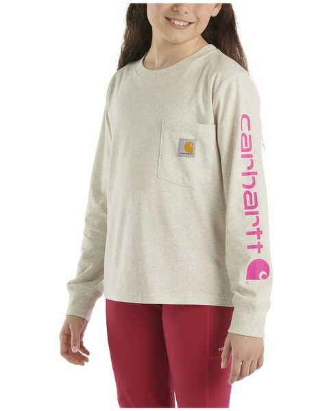 Image #2 - Carhartt Little Girls' Long Sleeve Logo Pocket Tee, Oatmeal, hi-res