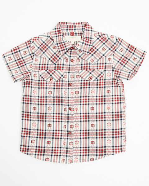 Image #1 - Shyanne Toddler Girls' Plaid Print Short Sleeve Pearl Snap Western Shirt , Brick Red, hi-res