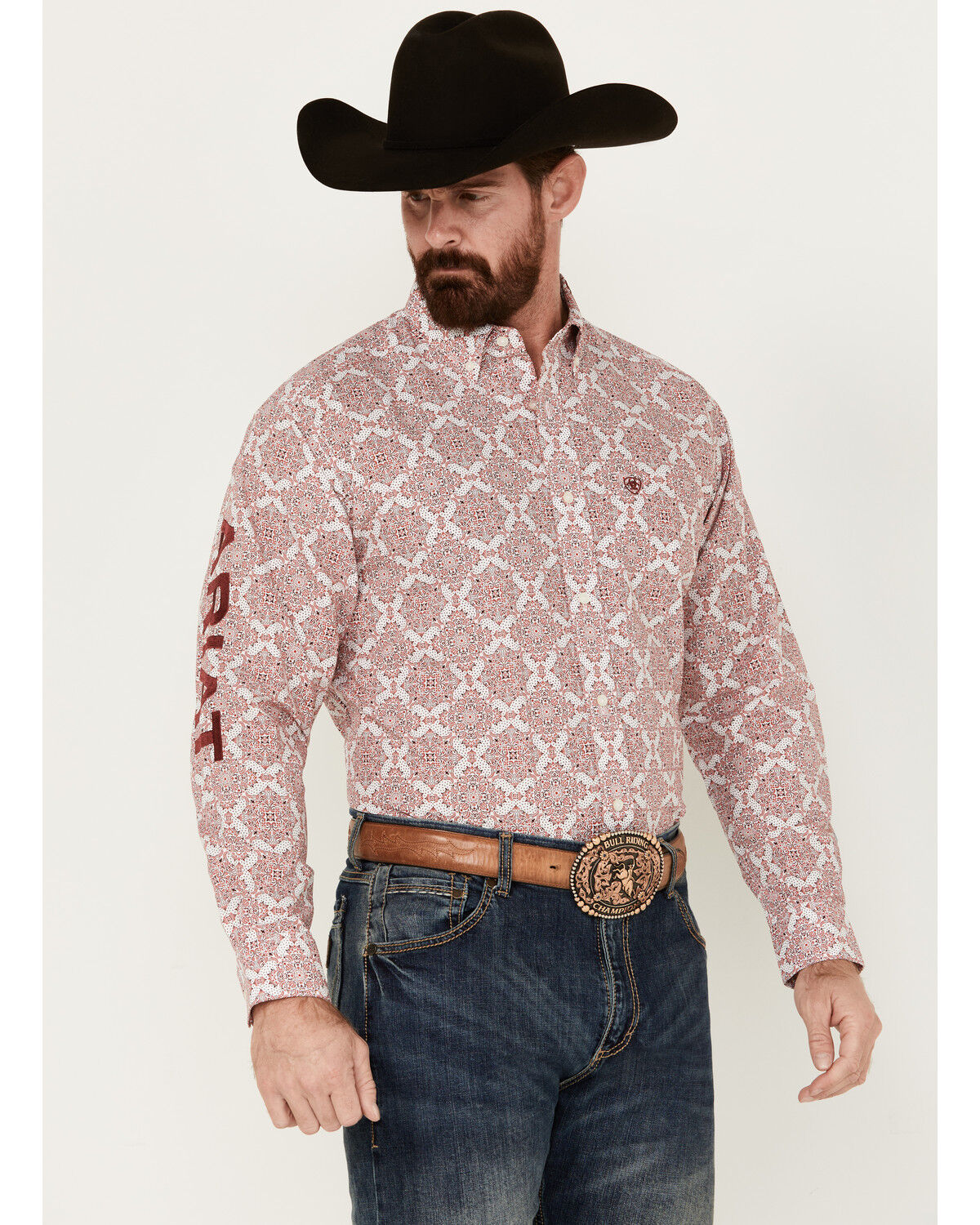 Image #1 - Ariat Men's Boot Barn Exclusive Clifford Logo Twill Medallion Long Sleeve Button-Down Western Shirt, Red, hi-res