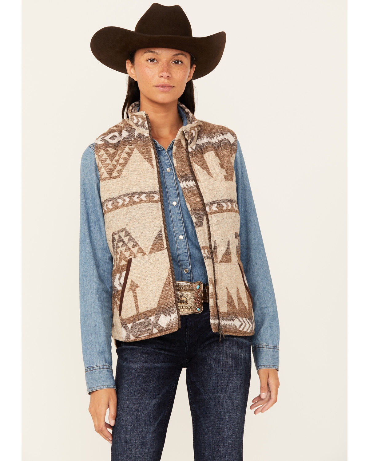 Image #1 - Outback Trading Co Women's Boot Barn Exclusive Southwestern Print Tennessee Vest, Brown, hi-res