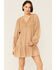 Flying Tomato Women's Long Sleeve Ruffle & Crochet Mini Dress, Tan, hi-res