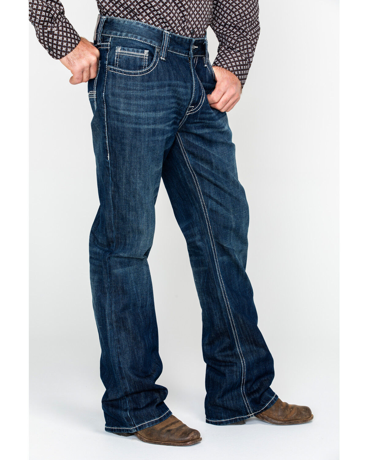mens dark blue jeans with white stitching