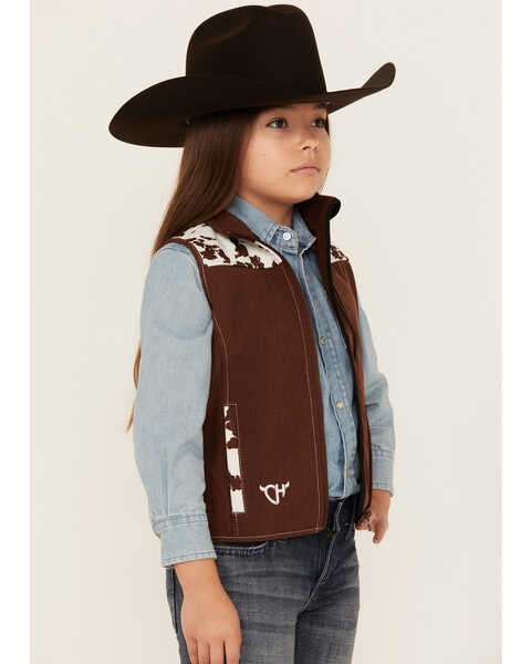 Image #2 - Cowgirl Hardware Girls' Cow Print Yoke Poly Shell Vest, Off White, hi-res