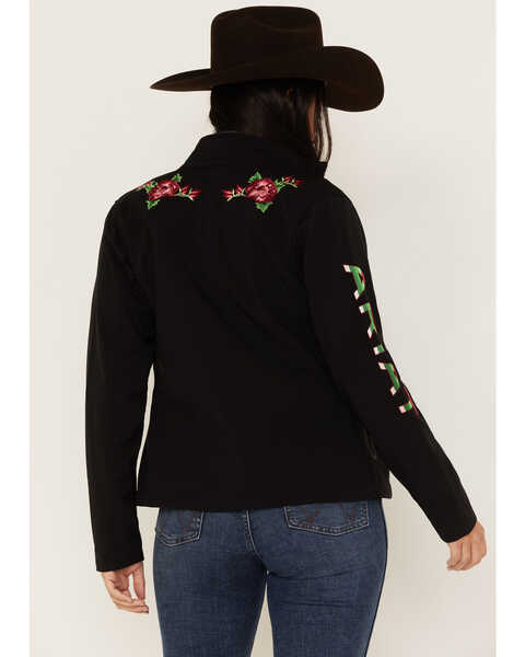 Image #1 - Ariat Women's Floral Embroidered Rosas Team Softshell Jacket, Black, hi-res