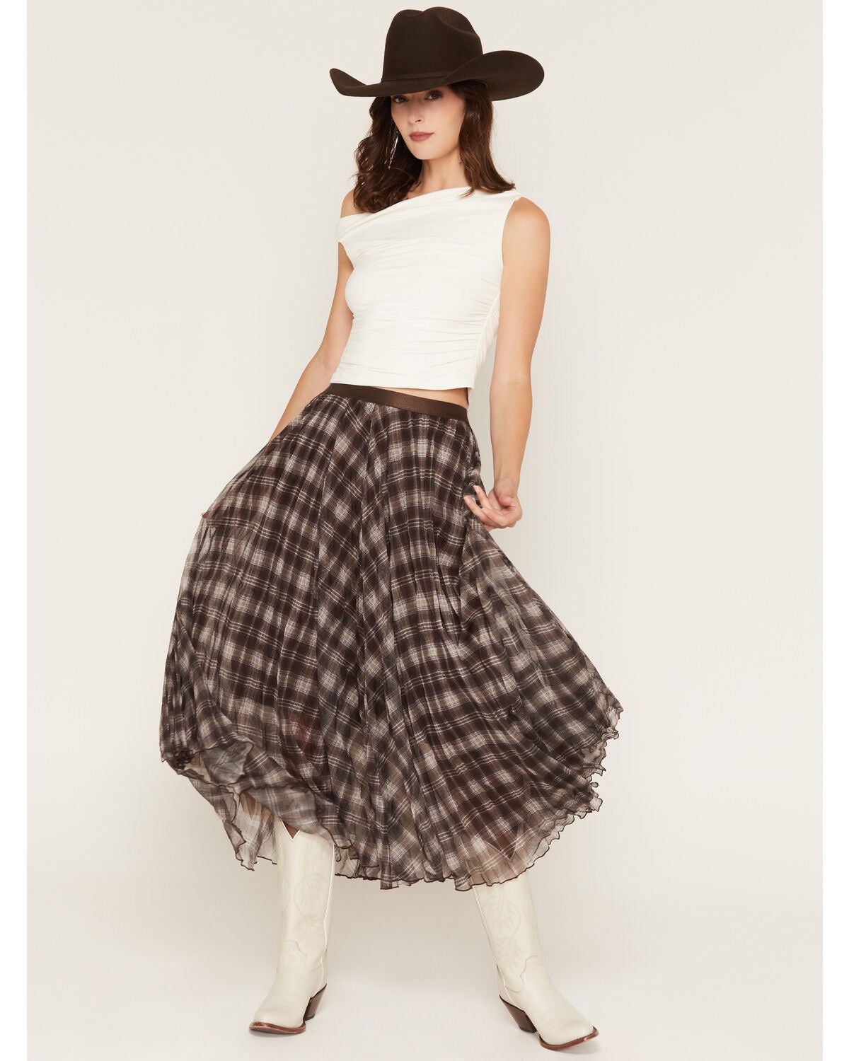 Image #1 - Lili Sidonio Women's Plaid Print Midi Skirt, Chocolate, hi-res