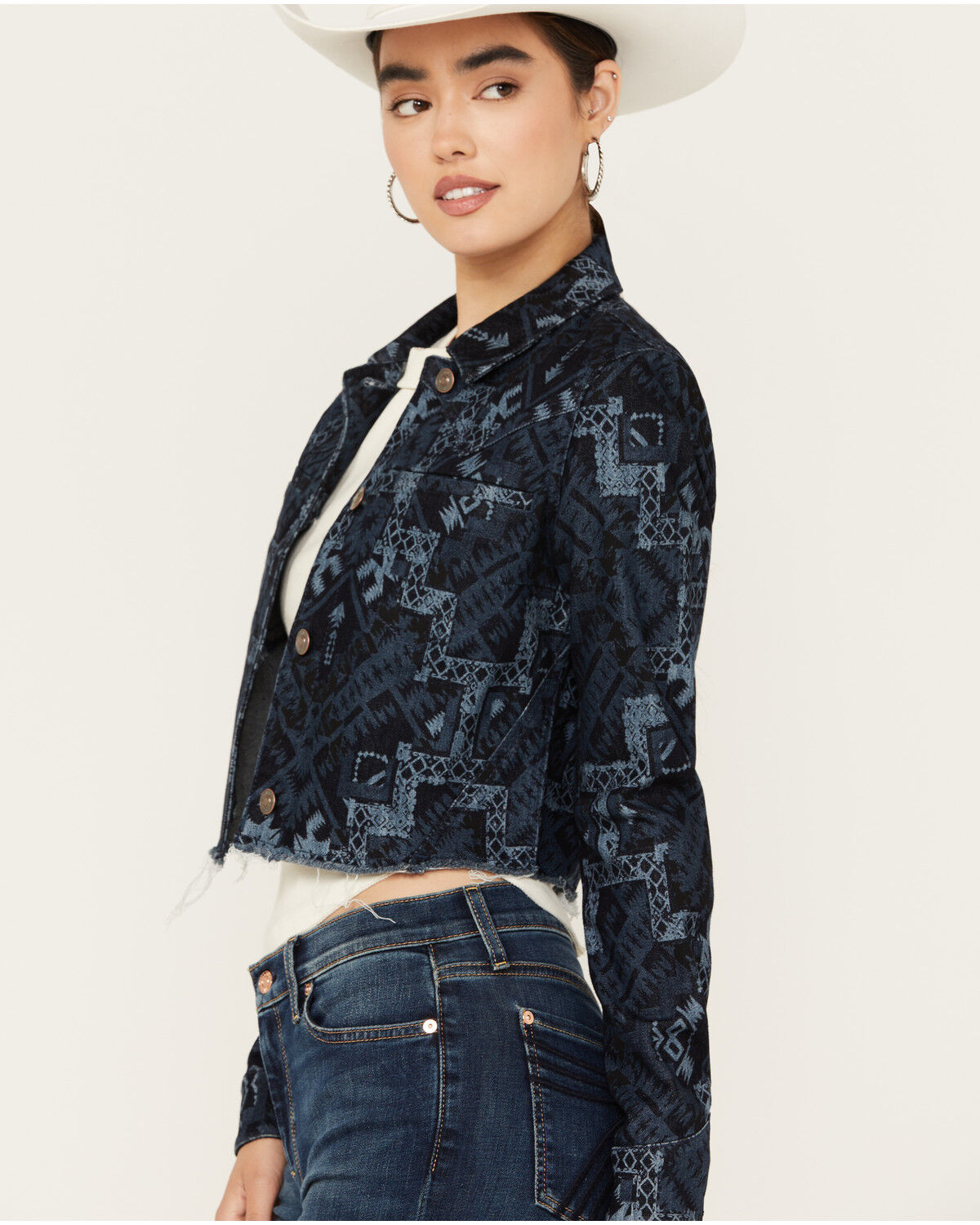 Image #2 - Shyanne Women's Printed Cropped Frayed Jacket, Dark Wash, hi-res