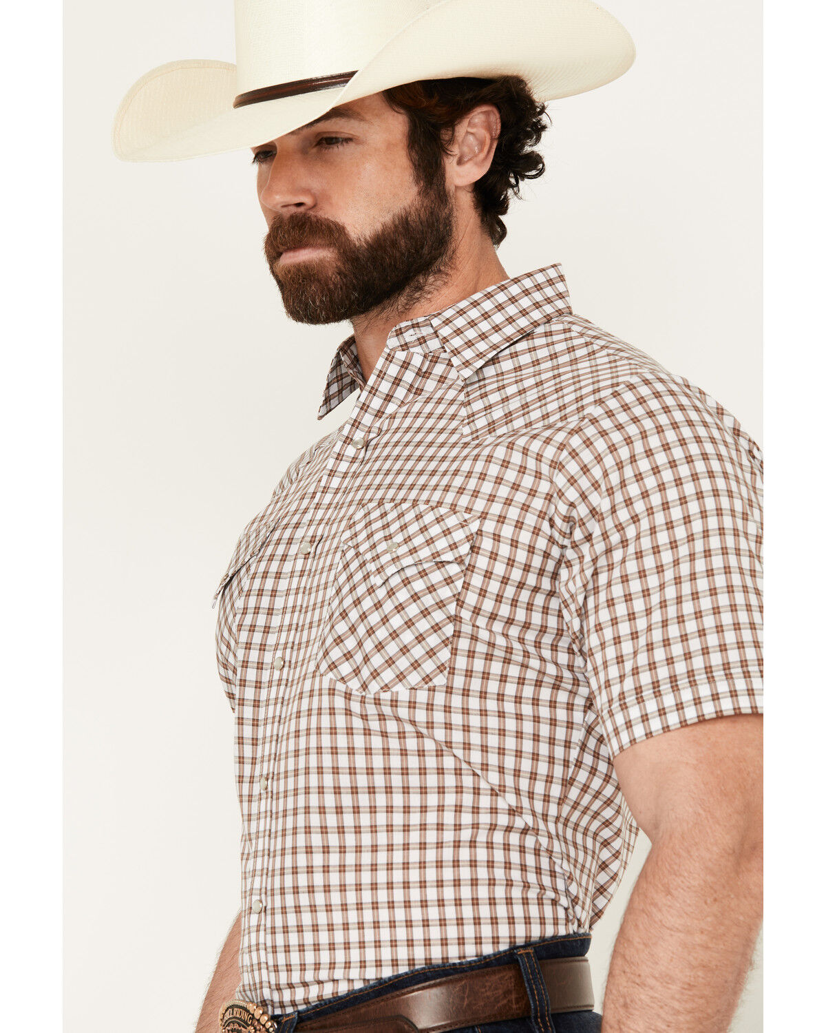 Image #2 - Ely Walker Men's Checkered Print Short Sleeve Snap Western Shirt, Brown, hi-res