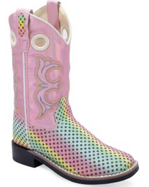 Image #1 - Old West Girls' Fancy Stitch Western Boots - Broad Square Toe , Pink, hi-res