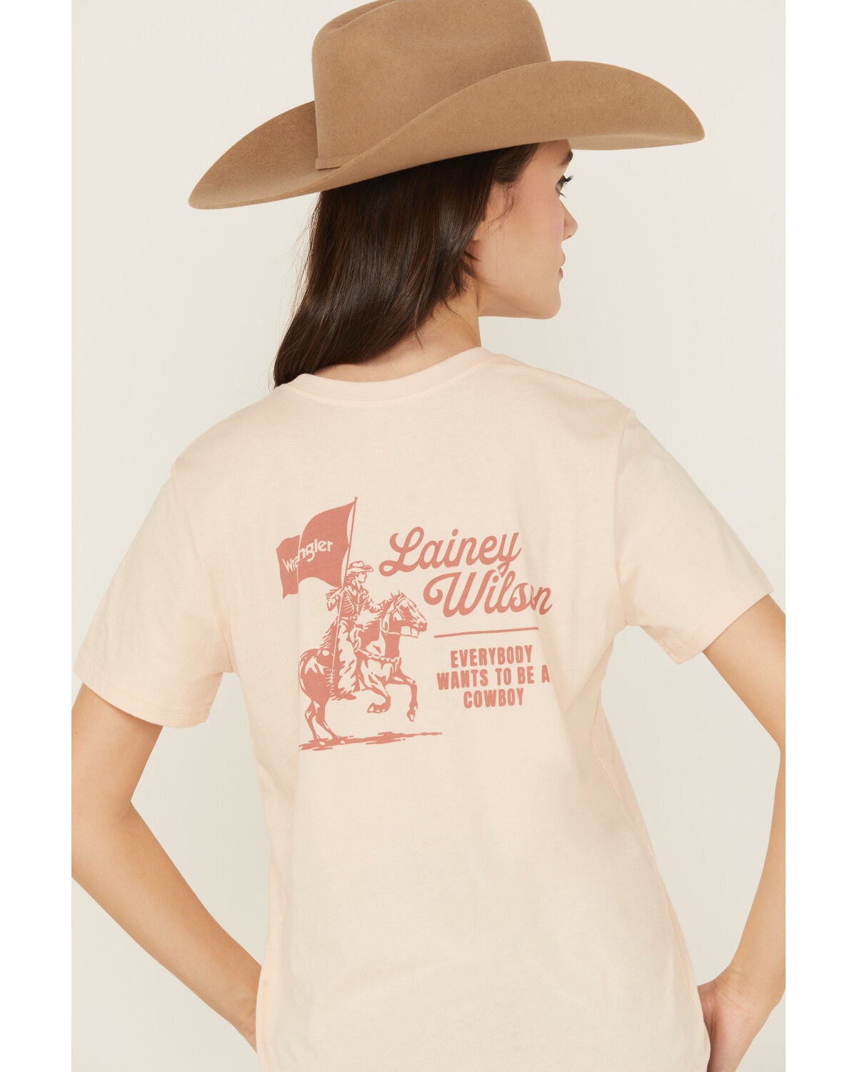 Wrangler X Lainey Wilson Women's Everybody Wants to Be a Cowboy Short Sleeve Graphic Tee, Pink, hi-res