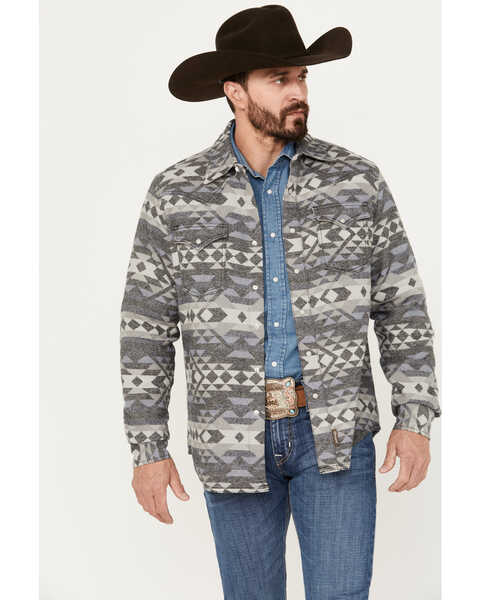 Wrangler Retro Men's Premium Southwestern Print Long Sleeve Snap Western Shirt, Grey, hi-res
