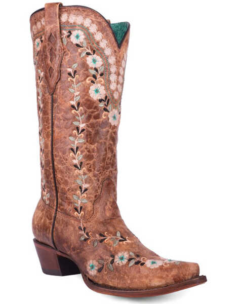 Image #1 - Corral Women's Flowered Embroidery Blacklight Western Boots - Snip Toe, Cognac, hi-res