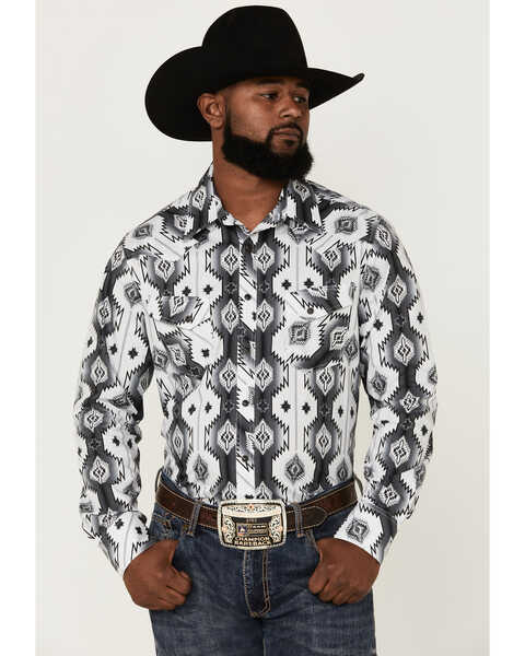 Rock & Roll Denim Men's Southwestern Print Long Sleeve Snap Western Shirt , Black, hi-res