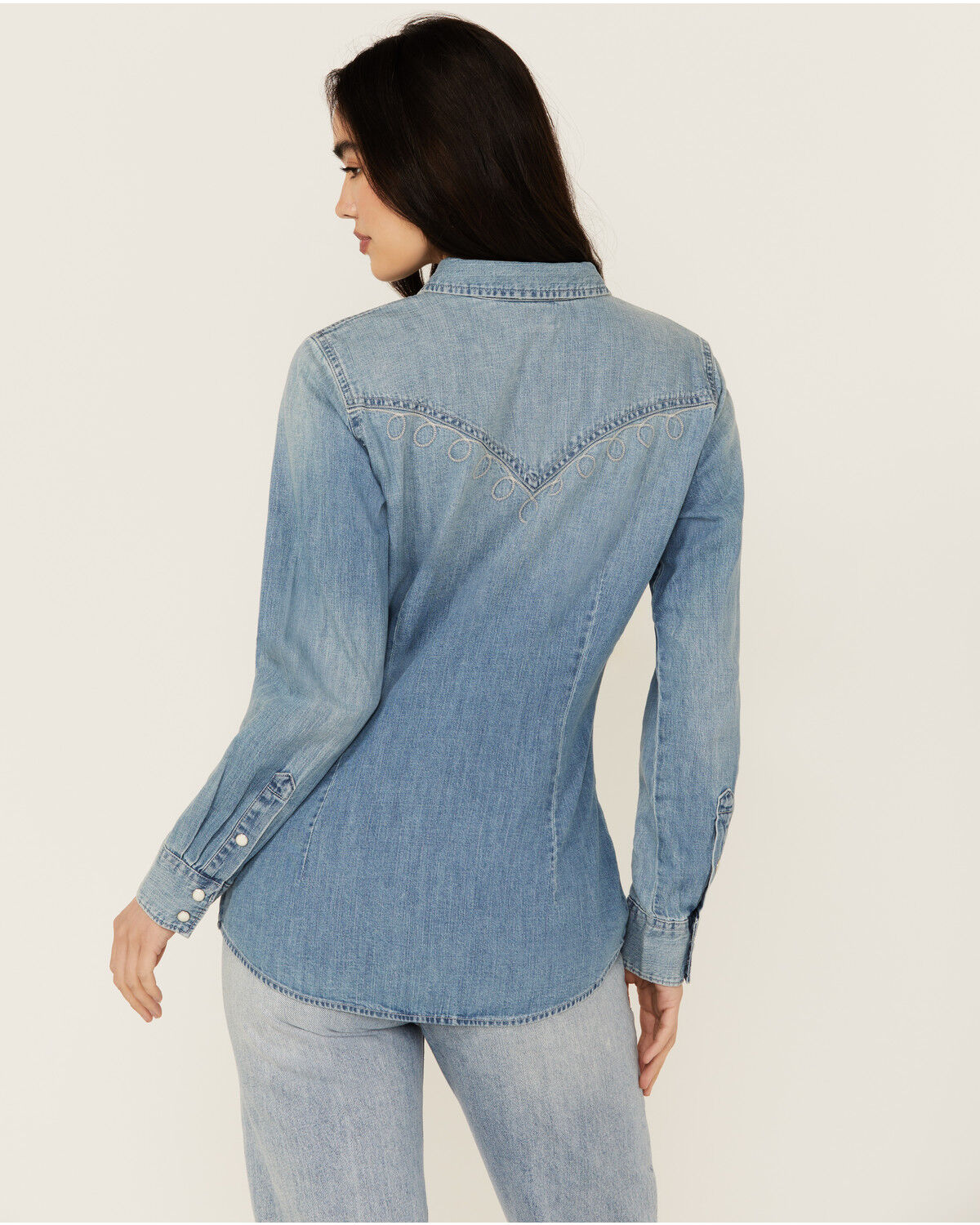 Image #4 - Wrangler Retro Women's Light Wash Embroidered Long Sleeve Pearl Snap Denim Western Shirt, Blue, hi-res