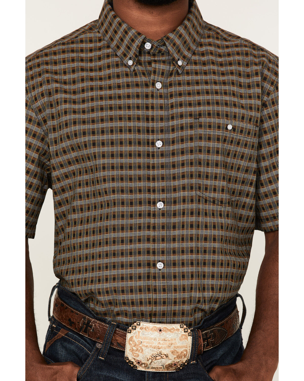 Image #3 - RANK 45® Men's Steer Small Plaid Print Short Sleeve Button-Down Western Shirt, Black, hi-res