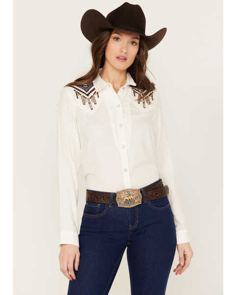 Ariat Women's Chimayo Trujillo Long Sleeve Western Snap Shirt, White, hi-res