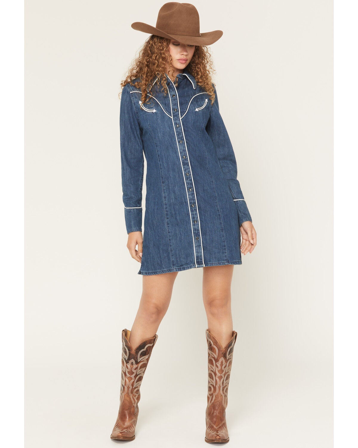 Wrangler Women's Western Long Sleeve Snap Mini Denim Dress, Dark Wash, hi-res