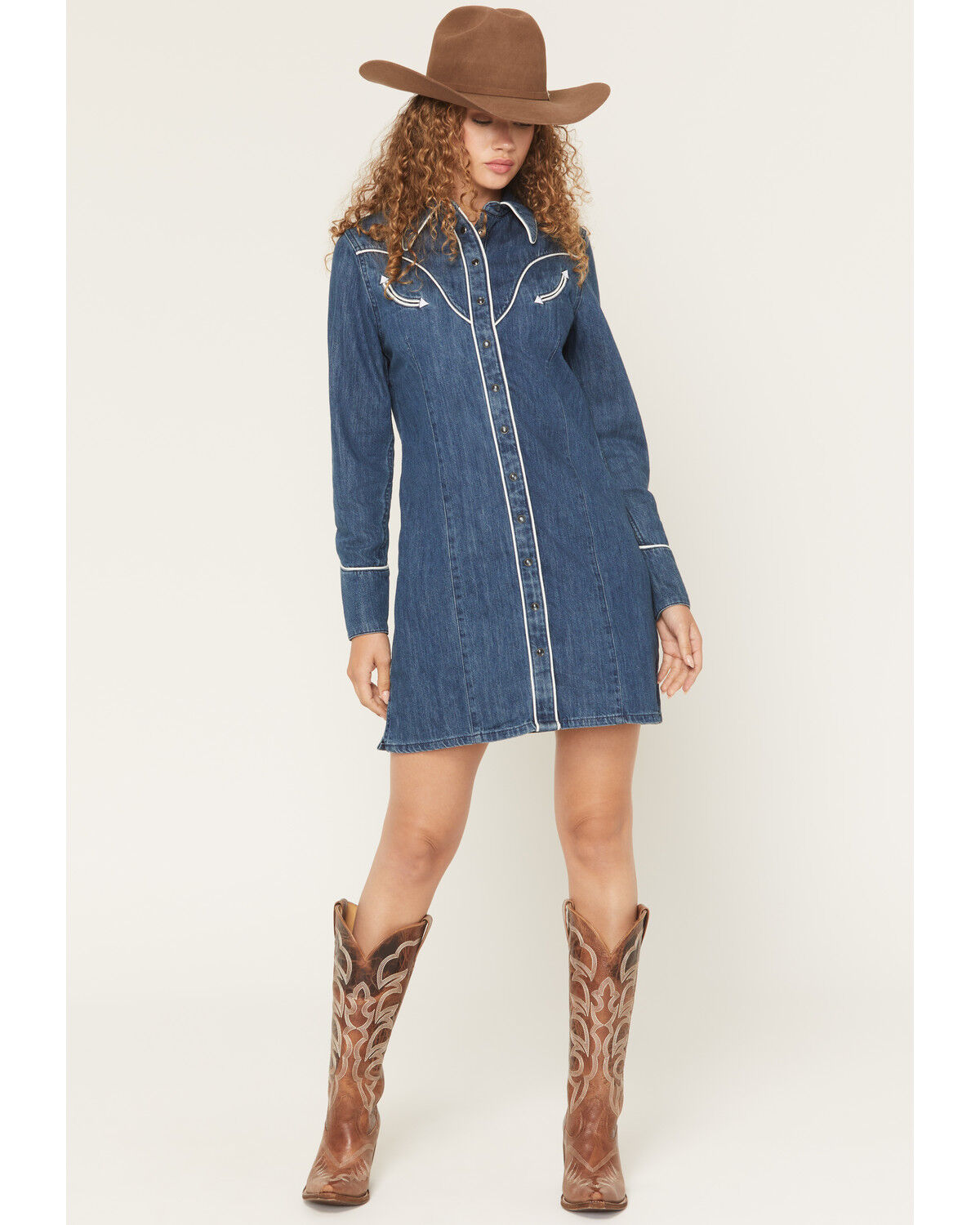 Image #1 - Wrangler Women's Western Long Sleeve Snap Mini Denim Dress, Dark Wash, hi-res