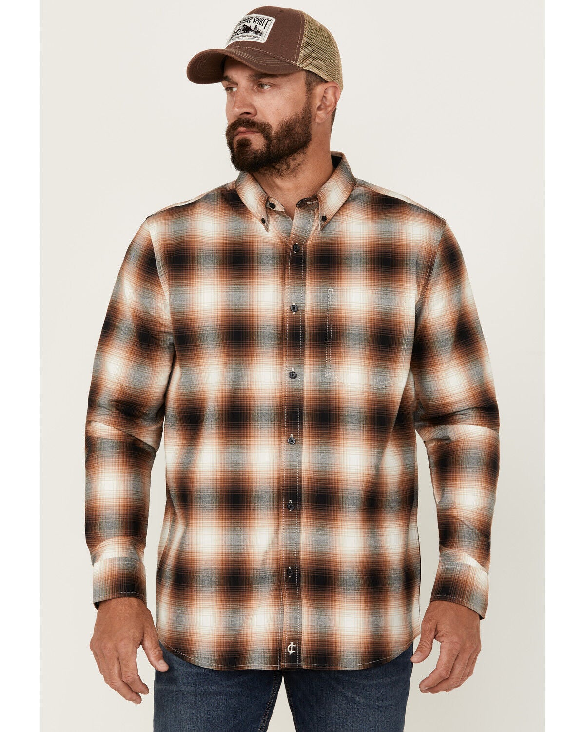 Image #1 - Cody James Men's Hombre Plaid Print Long Sleeve Button-Down Stretch Western Shirt, Tan, hi-res