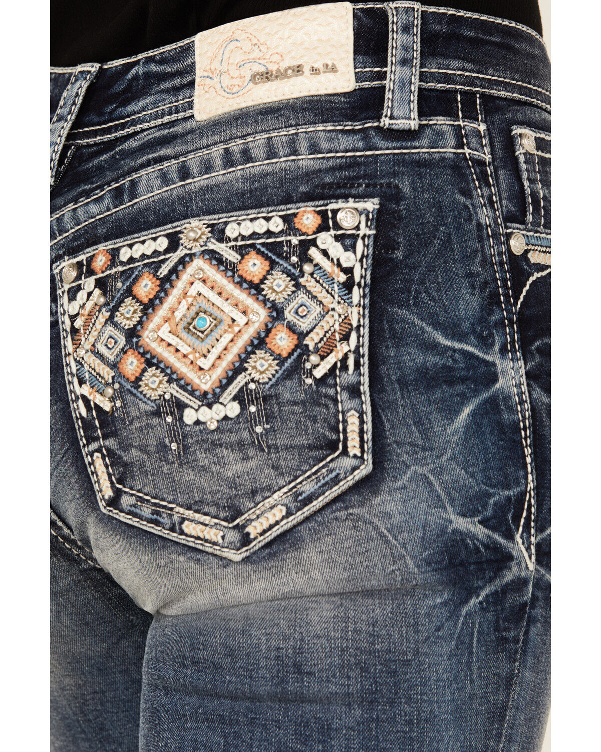 Image #2 - Grace In LA Women's Medium Wash Geo Print Embroidered Mid Rise Bootcut Stretch Denim Jeans, Medium Wash, hi-res