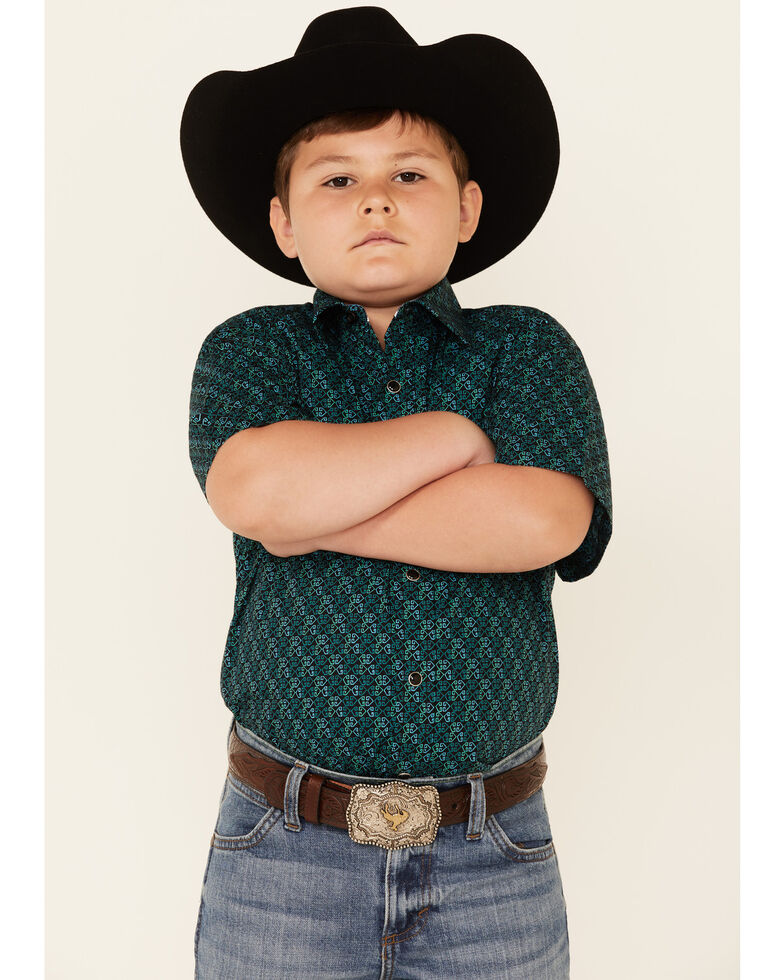 Panhandle Select Boys' Green Geo Print Short Sleeve Snap Western Shirt , Green, hi-res