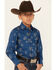 Ely Walker Boys' Southwestern Print Long Sleeve Pearl Snap Western Shirt , Navy, hi-res