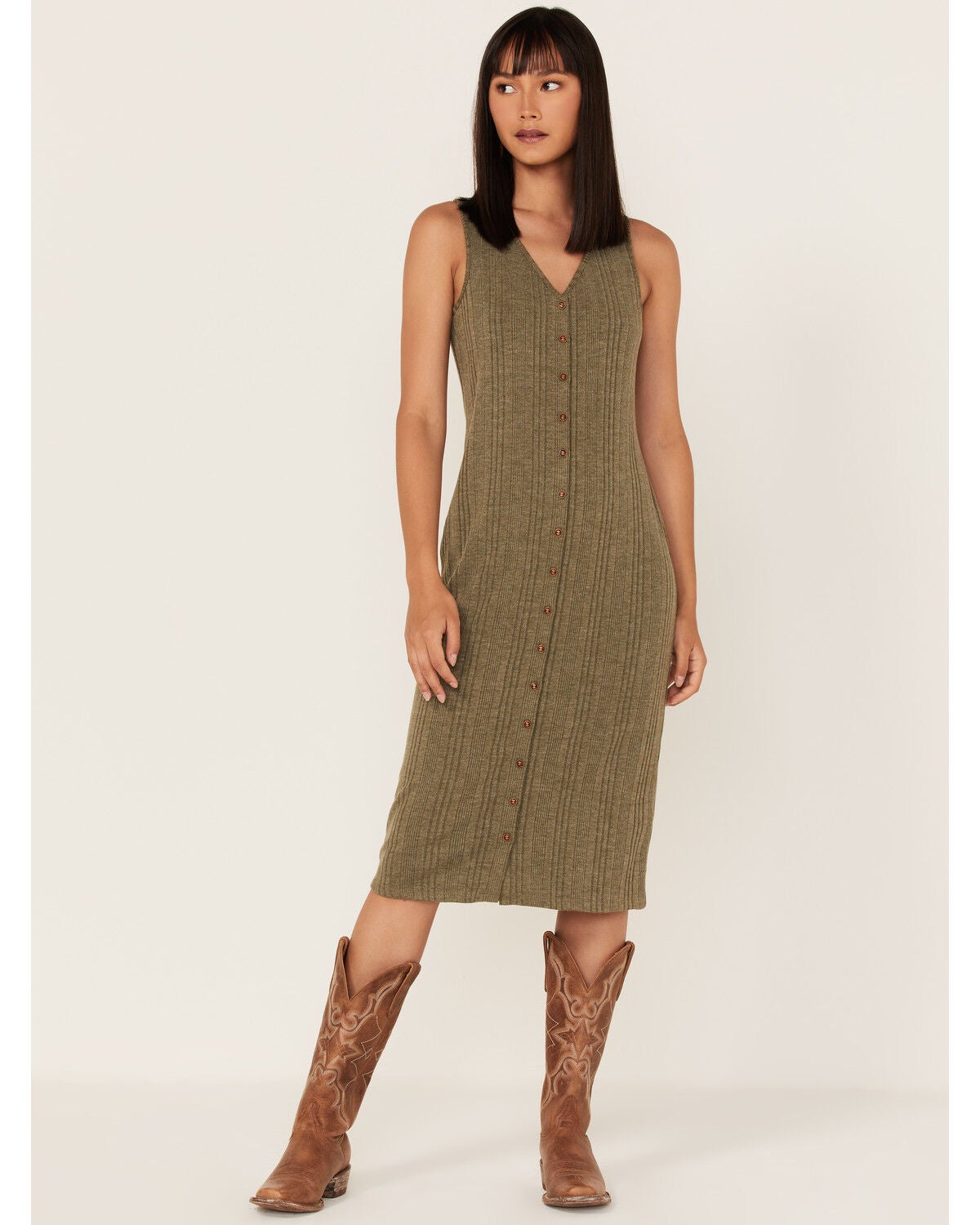 Cleo + Wolf Women's Ribbed Tank Midi Dress, Moss Green, hi-res