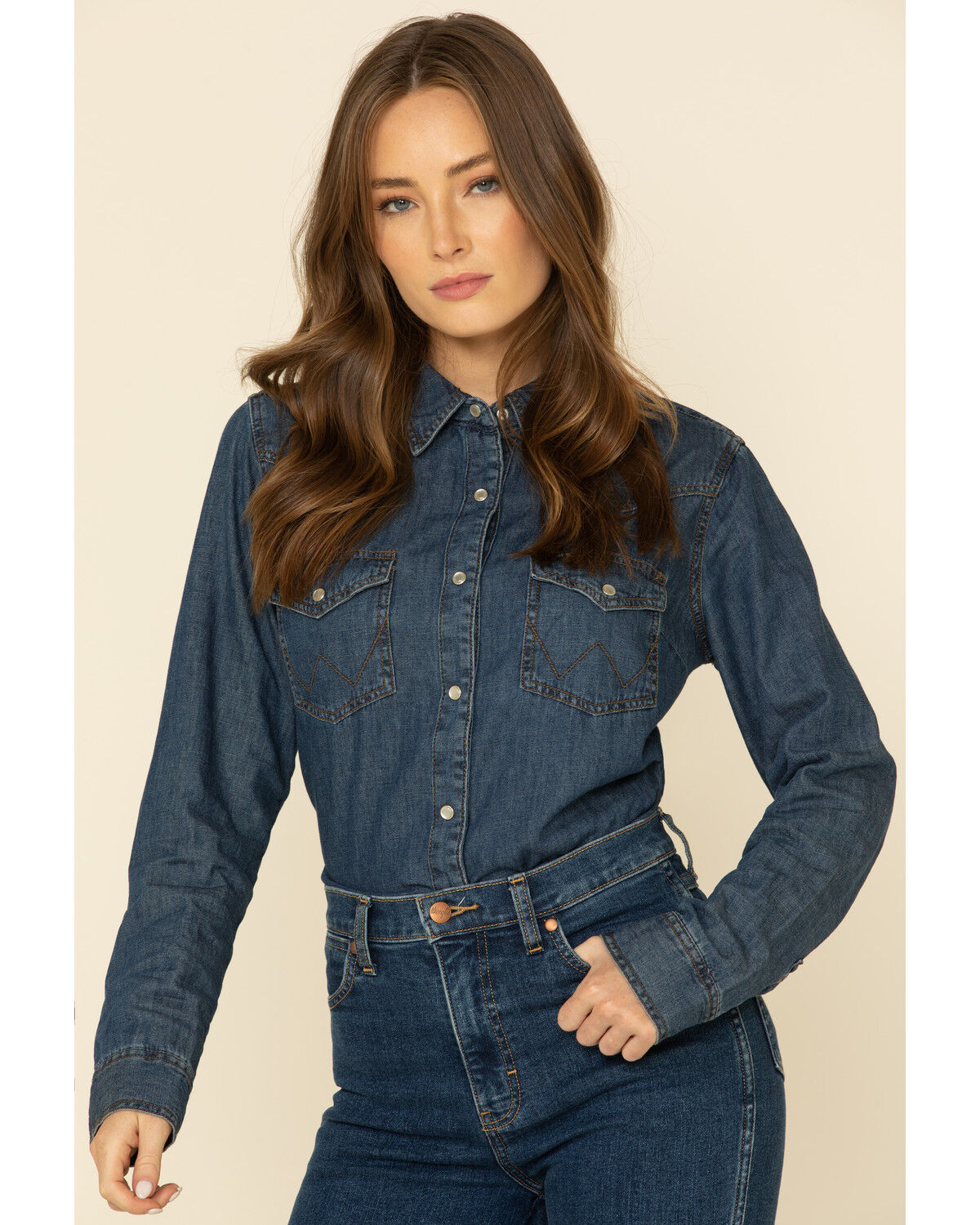 Image #1 - Wrangler Women's Dark Wash Long Sleeve Pearl Snap Denim Western Shirt, Blue, hi-res