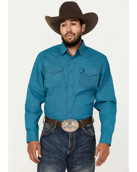 Rodeo Clothing Men's Geo Print Long Sleeve Snap Western Shirt, Teal, hi-res