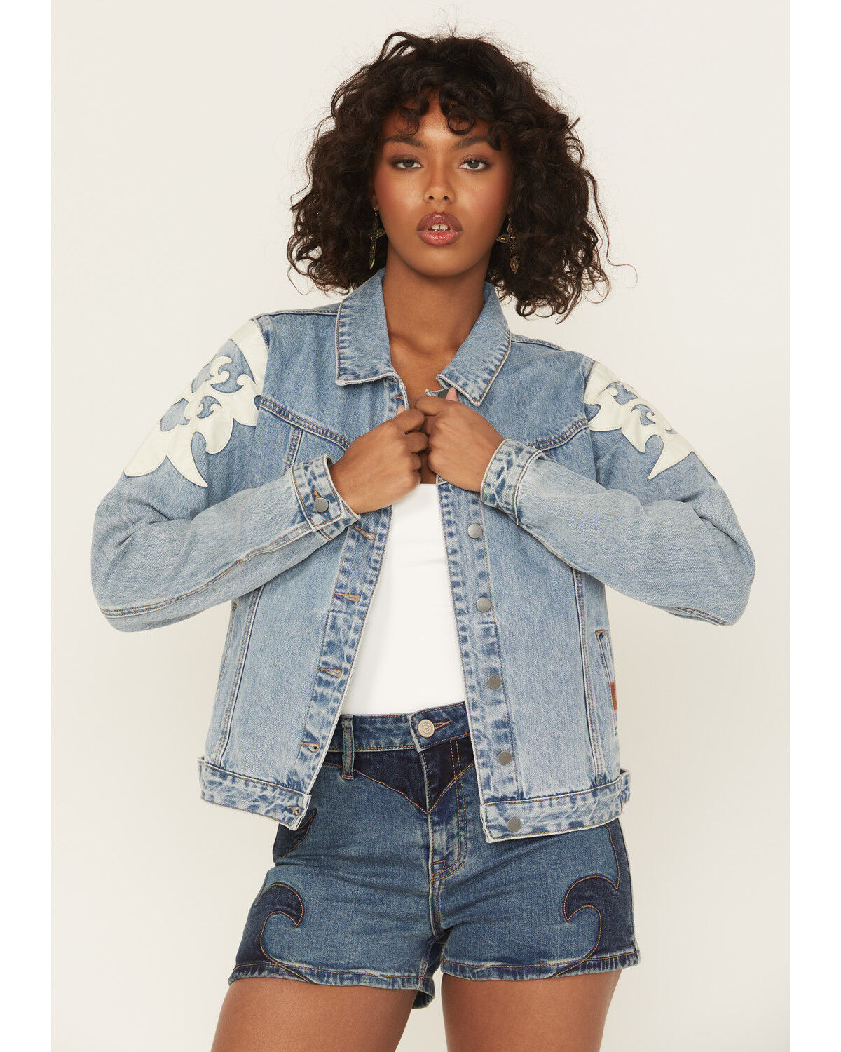 Image #1 - Rock & Roll Denim Women's Light Wash Pleather Fringe Denim Jacket, Light Wash, hi-res
