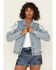 Image #1 - Rock & Roll Denim Women's Light Wash Pleather Fringe Denim Jacket, Light Wash, hi-res